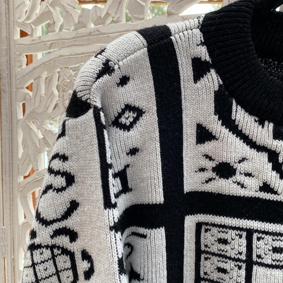 Funky 80s colorful unique rare and retro vintage floral zodiac knitted sweater - Picture 9 of 12